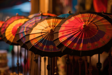 Colorful Asian Paper Umbrella Parasol in market. AI Generatedの素材