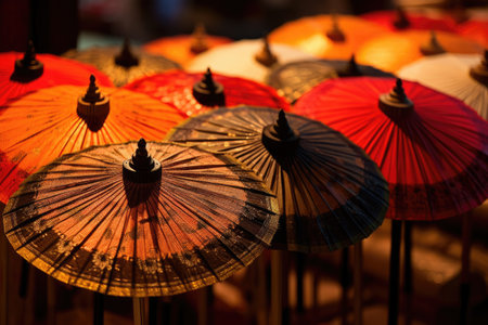 Colorful Asian Paper Umbrella Parasol in market. AI Generatedの素材