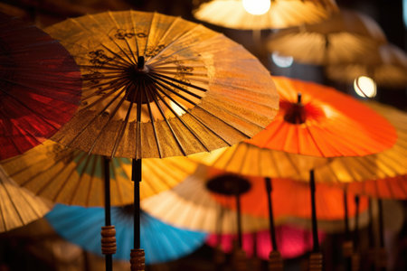 Colorful Asian Paper Umbrella Parasol in market. AI Generatedの素材