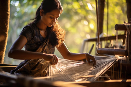 Master weaver is weaving the tapestry with diverse bright threads, close up. Artisanal at work. AI Generatedの素材