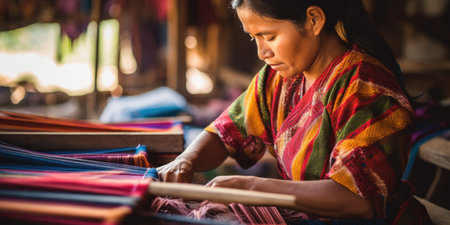 Master weaver is weaving the tapestry with diverse bright threads, close up. Artisanal at work. AI Generatedの素材