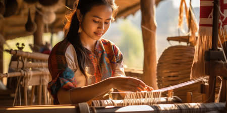 Master weaver is weaving the tapestry with diverse bright threads, close up. Artisanal at work. AI Generatedの素材