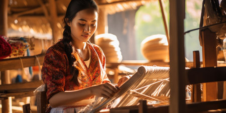 Master weaver is weaving the tapestry with diverse bright threads, close up. Artisanal at work. AI Generatedの素材