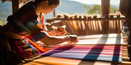 Master weaver is weaving the tapestry with diverse bright threads, close up. Artisanal at work. AI Generatedの素材
