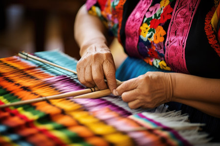Master weaver is weaving the tapestry with diverse bright threads, close up. Artisanal at work. AI Generatedの素材