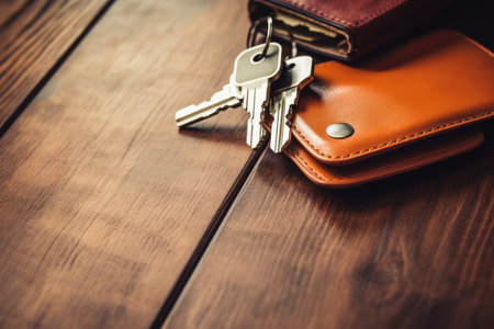 Travel Holiday with car keys and wallet on the wooden table. copy space. AI Generatedの素材