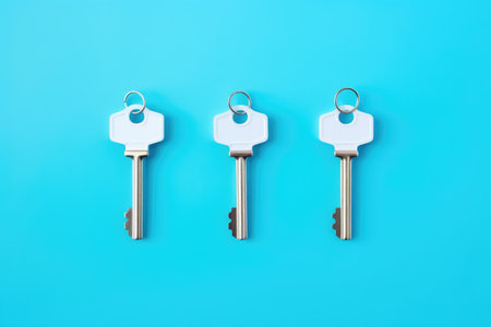 bunch of keys, isolated on blue background. AI Generatedの素材