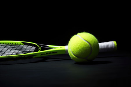 Tennis balls and rockets on tennis court. AI Generated. High quality illustrationの素材