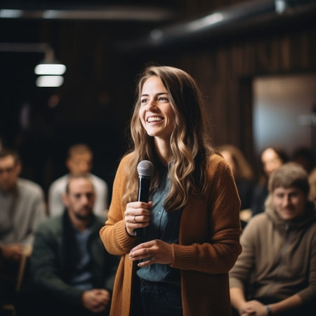 Business woman speaker having meeting and talking using microphone. AI Generated. High quality illustrationの素材