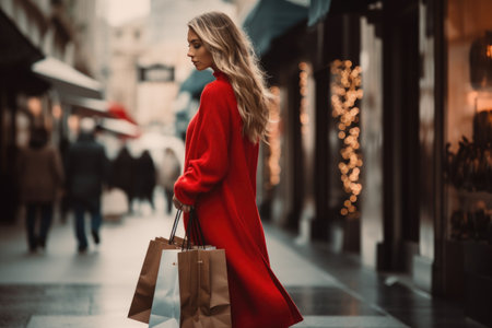 Beautiful fashion woman with shopping bags outdoors. AI Generated. High quality illustrationの素材