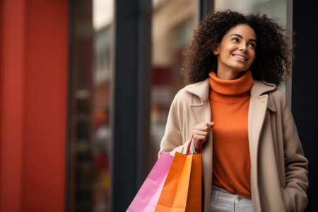 Beautiful fashion woman with shopping bags outdoors. AI Generated. High quality illustrationの素材
