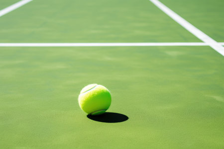 Closeup of yellow tennis ball on court floor. AI Generatedの素材