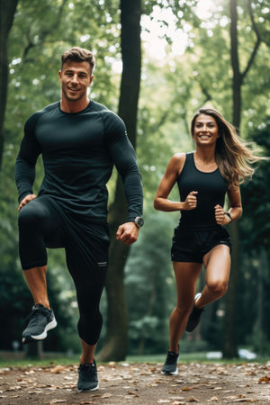 Fit couple doing exercises outdoors. AI Generated.の素材