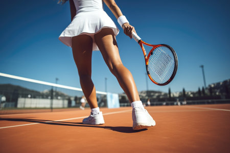 Active woman playing tennis, legs and feet back view. AI Generated. High quality illustrationの素材