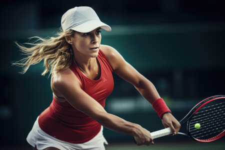 Portrait of a woman playing on tennis court. Woman preparing to beat a ball. AI Generated. High quality illustrationの素材