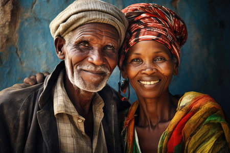 Black history month. colorful portrait of old African couple on vivid background, AI Generatedの素材