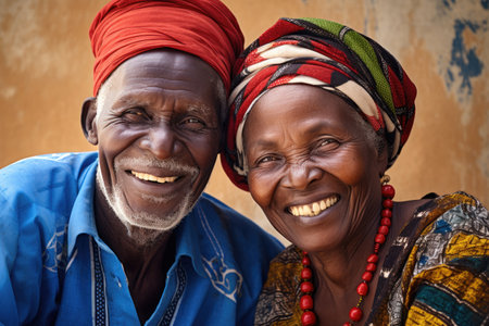Black history month. colorful portrait of old African couple on vivid background, AI Generatedの素材