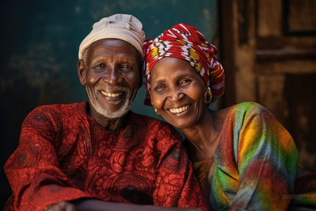 Black history month. colorful portrait of old African couple on vivid background, AI Generatedの素材