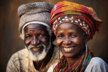 Black history month. colorful portrait of old African couple on vivid background, AI Generatedの素材