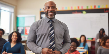 Black history month. smiling African American man wearing glasses teaching in classroom. AI Generatedの素材