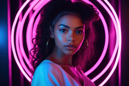 Black history month. portrait of young African American woman in neon light. AI Generatedの素材