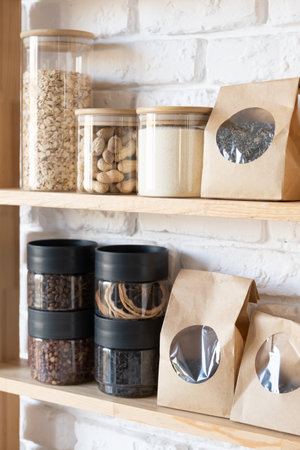 Reusing Glass Jars To Store Dried Food Living Sustainable Lifestyle At Home, copy spaceの写真素材