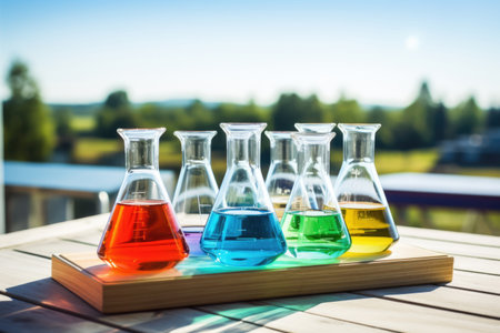 Laboratory equipment beakers and flasks with colorful liquids with backlight in different group, outdoors. AI Generatedの素材