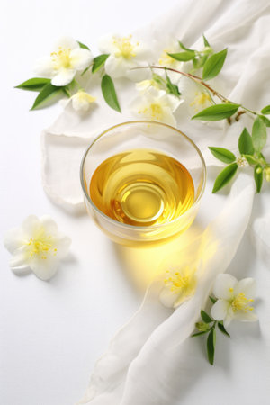 Composition with cup of jasmine tea and flowers on light background. AI Generatedの素材