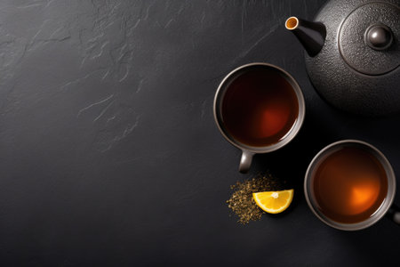 Chinese tea ceremony Chinese Tea - Hot Teapot And Teacups On dark background. AI Generatedの素材