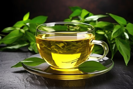 Fresh green tea with tea leaves in the water on wooden background. AI Generatedの素材