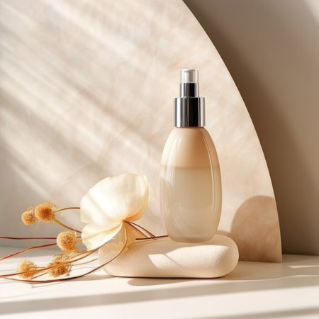 skincare. glass Cosmetic bottle on stone podium beige background with copy space. AI Generatedの素材