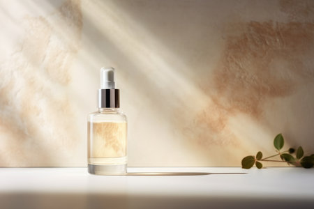 skincare. glass Cosmetic bottle on stone podium beige background with copy space. AI Generatedの素材