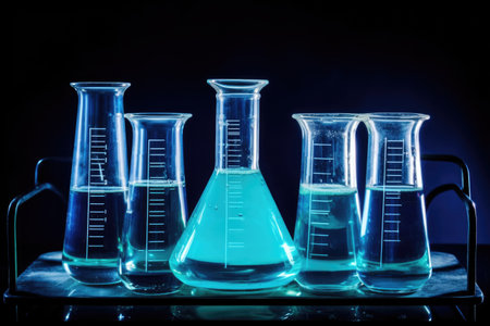 Laboratory equipment beakers and flasks with blue liquids with backlight in different group. AI Generatedの素材