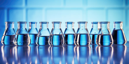 Laboratory equipment beakers and flasks with blue liquids with backlight in different group. AI Generatedの素材