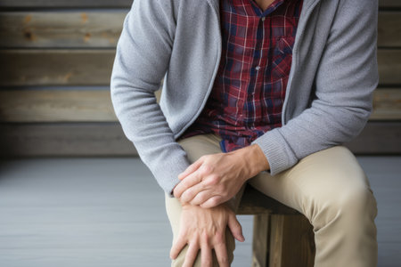 Health problems. Joint pain, Arthritis and tendon problems. a man touching nee at pain point. AI Generatedの素材