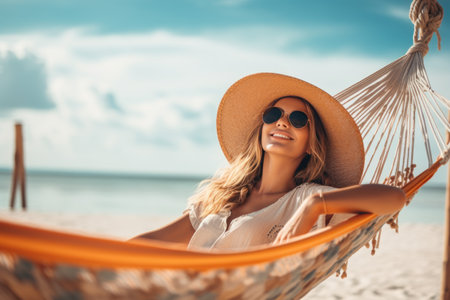 Woman having rest in colorful hammock in tropical garden while relaxing in vacation. AI Generatedの素材