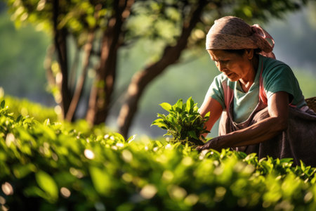 Female farmers tea collecting at tea plantation. AI Generatedの素材