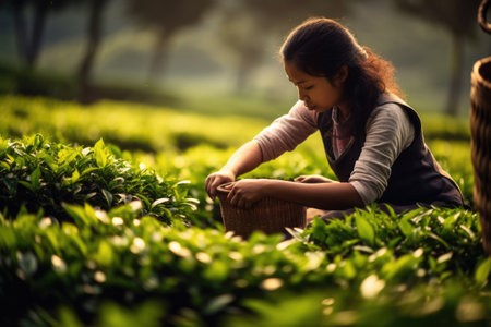 Female farmers tea collecting at tea plantation. AI Generatedの素材