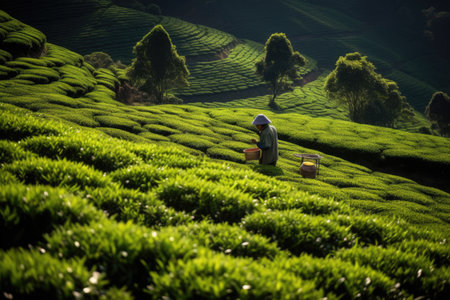 Female farmers tea collecting at tea plantation. AI Generatedの素材