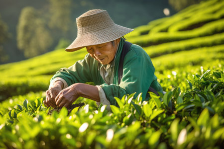 Female farmers tea collecting at tea plantation. AI Generatedの素材
