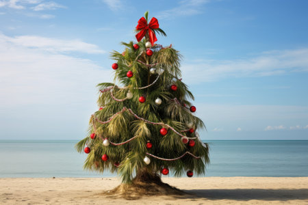 Celebrating christmas and new year in hot countries. Christmas tree with lights on the beach. AI Generatedの素材