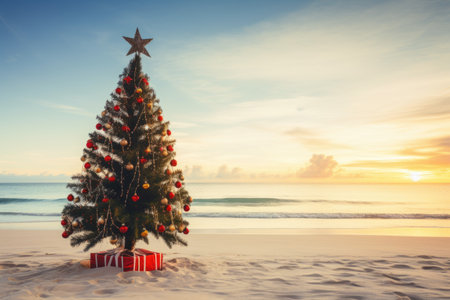 Celebrating christmas and new year in hot countries. Christmas tree with lights on the beach at sunset. AI Generatedの素材