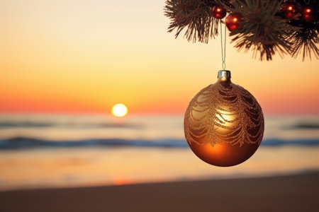 Celebrating christmas and new year in hot countries. Christmas Ball hanging on a Palm Tree Branch. Travel Background. AI Generatedの素材