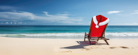 Christmas holidays on tropical destinations. Sun lounger with santa hat on beautiful beach. Banner. AI Generatedの素材