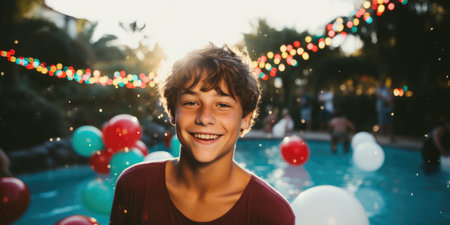 Celebrating christmas and new year in hot countries. portrait of a happy teen boy in santa hat celebrating Christmas in pool party. AI Generatedの素材