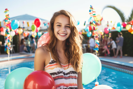 Celebrating christmas and new year in hot countries. portrait of a happy teen girl in santa hat celebrating Christmas in pool party. AI Generatedの素材