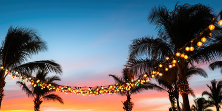 Celebrating christmas and new year in hot countries. Palm trees with Christmas lights and decorations. AI Generatedの素材