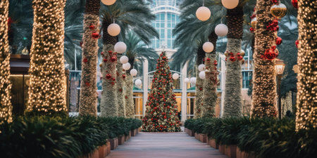 Celebrating christmas and new year in hot countries. Palm trees with Christmas lights and decorations. AI Generatedの素材
