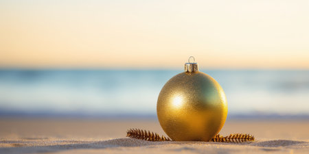 golden fir tree decoration ball on sandy beach, Tropical christmas and New Year celebration. AI Generatedの素材