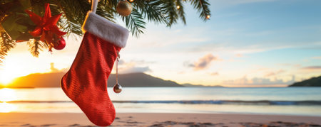 Christmas stocking hanging on coconut palm tree at tropical exotic beach. New Year celebration card, nobody. AI Generatedの素材